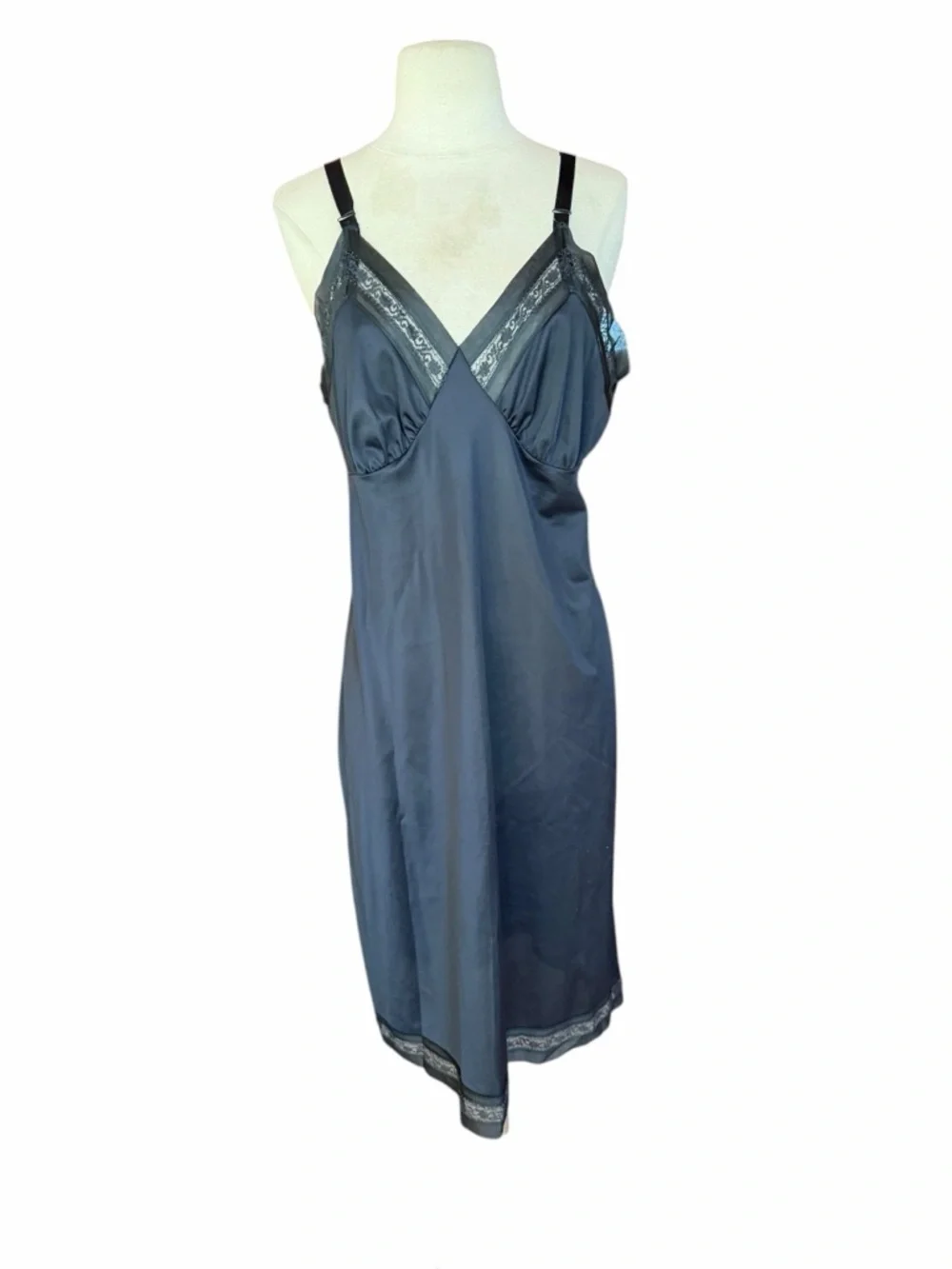 1960s/70s Lorraine Black Nylon Tricot V-Neckline Embroidered Lace Trim Slip - Picture 1 of 7